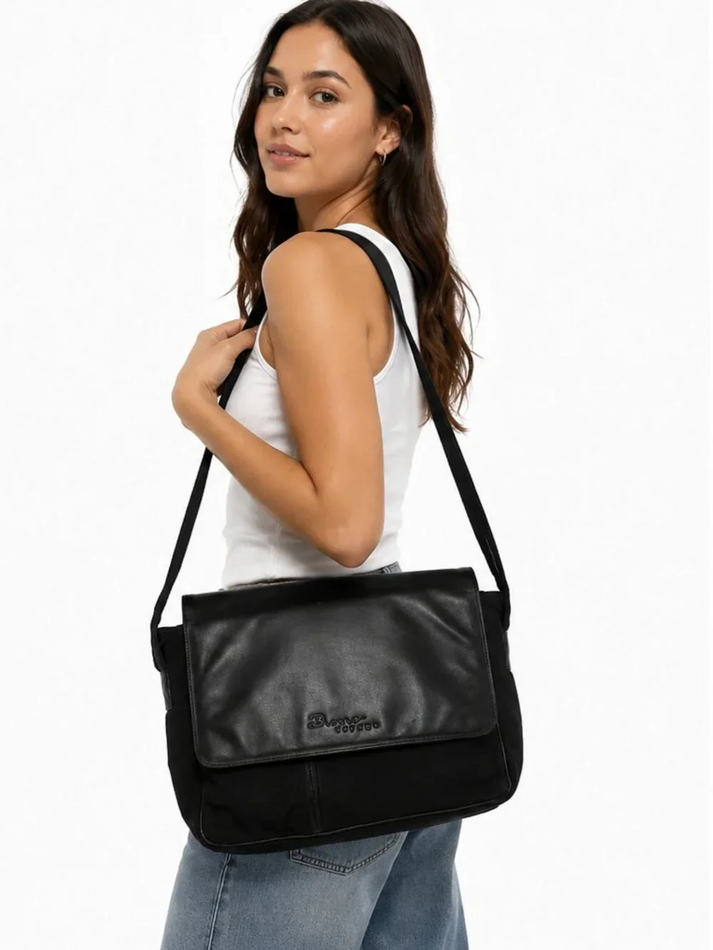 Unisex Messenger Bag Structured Sleek Onyx Vegan Leather Multi-Pocket Satchel
